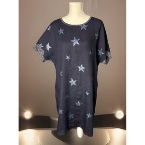 Bellambra Star Tunic Dress Women XL Blue Linen Blend Lurex Trim Shift Italy Boho